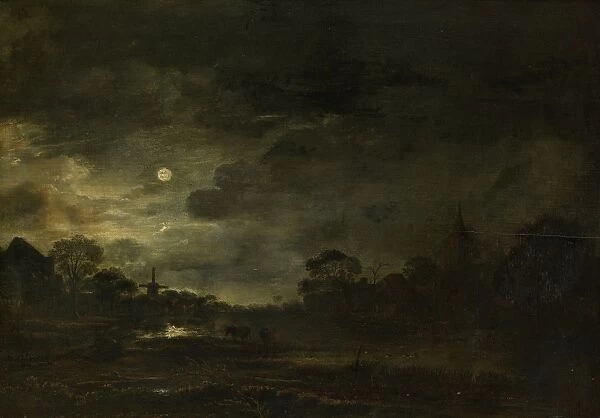 Landscape by moonlight, Aert van der Neer, 1630 - 1677