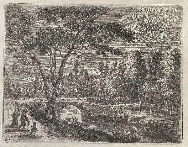 Landscape with a ruined bridge, a shepherd with cows and a man with wife and child