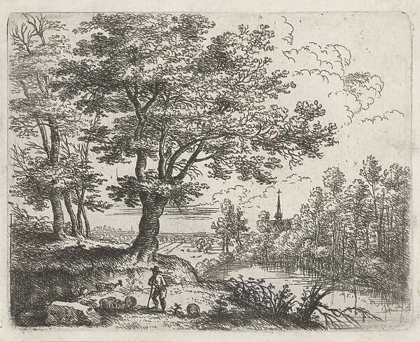 Landscape with a shepherd and in the distance a church near the water, print maker