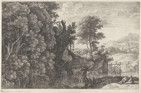 Landscape with a wooden bridge, print maker: Herman van Swanevelt, 1653 - 1655
