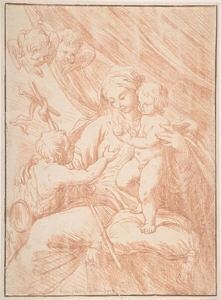 Madonna Child Saint John 17th century Red chalk