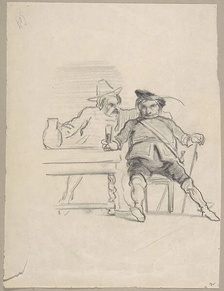 Two male figures seated table drinking graphite