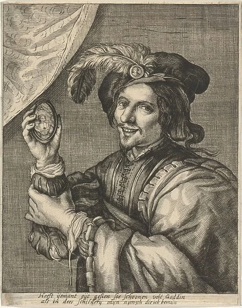 Man holding a miniature portrait, Theodor Matham, Anonymous, Hendrick ter Brugghen