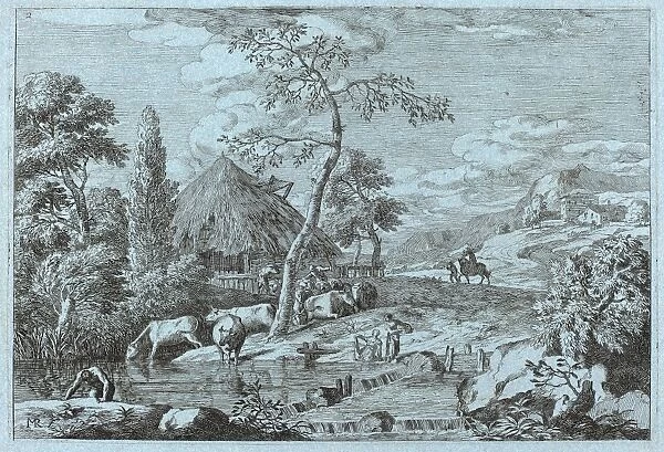 Marco Ricci (Italian, 1676 - 1729), Cattle and Figures at a Farmyard Stream, etching