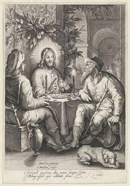 Meal at Emmaus, print maker: Jacob Matham, Hendrick Goltzius, Cornelius Schonaeus