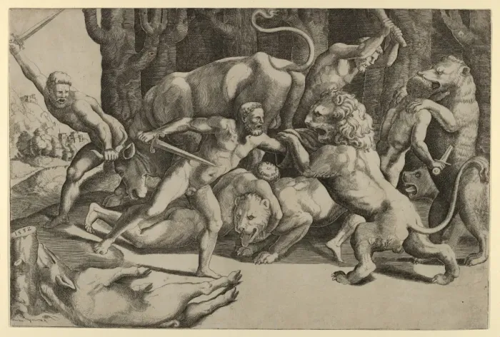 Framed Print : Print of Five Men Fighting Beasts with Fallen Boar at Lower Left Framed Print : Print of Five Men Fighting Beasts with Fallen Boar at Lower Left