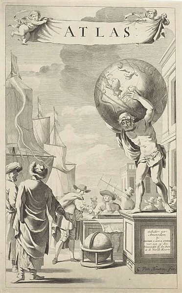 Merchants at a statue of Atlas, Pieter Schenk (I), G. van Houten, Reinier & Josua Ottens