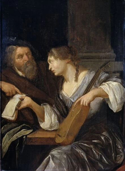 music lesson old bearded man teaches young woman