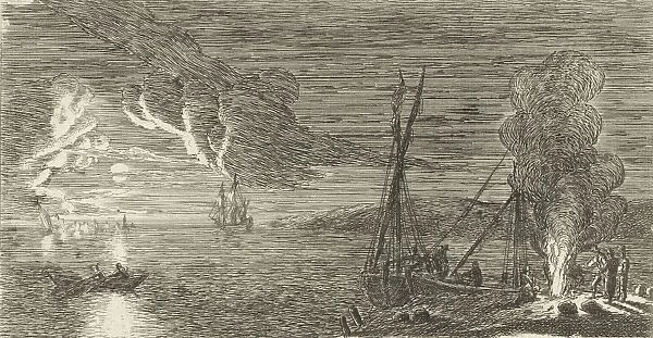 Night Scene with fishermen standing by a fire, print maker: Anonymous, Reinier Nooms