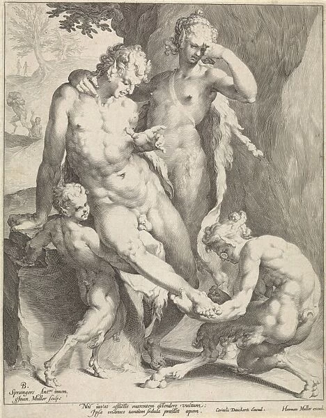 A Oreade, with spectacles on nose, removing a thorn from the foot of a satyr, the