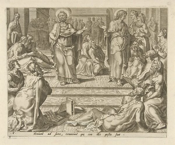 Peter and Johannes among their students, Philips Galle, Hieronymus Cock, 1558
