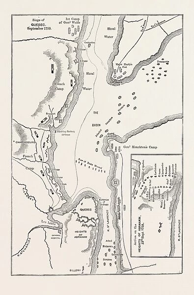 PLAN OF THE SIEGE OF QUEBEC, CANADA, 1870s engraving