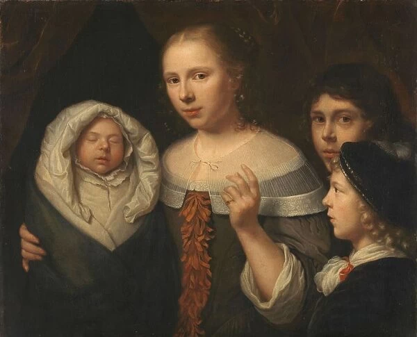 Portrait young woman three children two boys