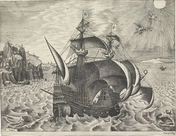 Sailing ship with the Fall of Icarus, Frans Huys, unknown, 1561-1565