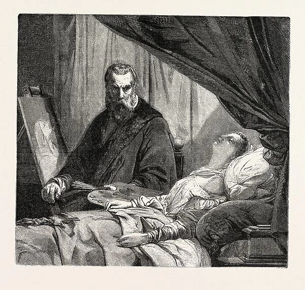 Salon 1855. Tintoretto and his daughter. Painting by m. Leon Cogniet. engraving 1855