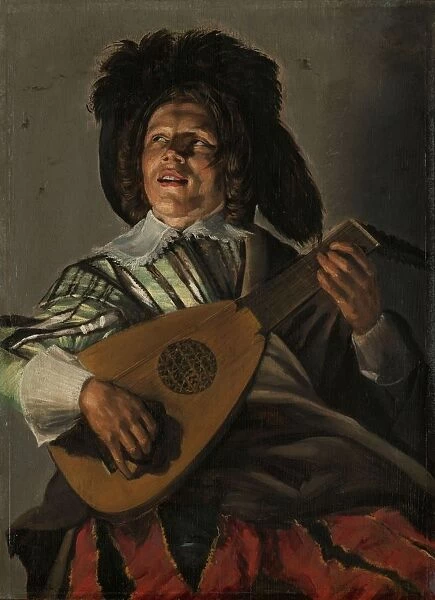 Serenade boy playing lute head beret feathers