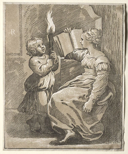 Sibyl Reading Child Holding Torch 1518-27 Ugo da Carpi