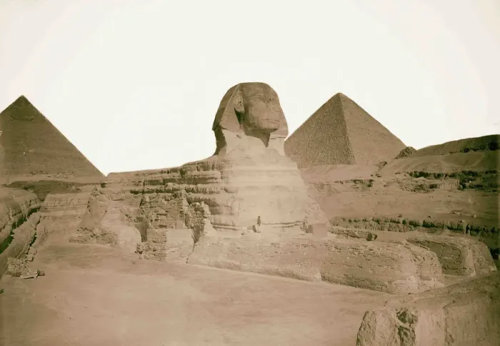 Framed Print : 1934 Sphinx Print with Two Pyramids in Background Framed Print : 1934 Sphinx Print with Two Pyramids in Background