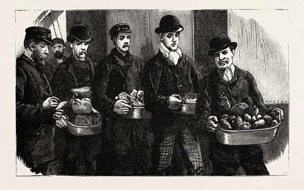 Stokers for the British Navy, Newly Joined Men Drawing their Rations, Engraving 1890