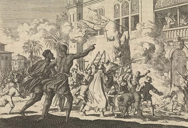 Storming the palace of the viceroy of Mexico, 1623, Jan Luyken, Pieter van der Aa I, 1698