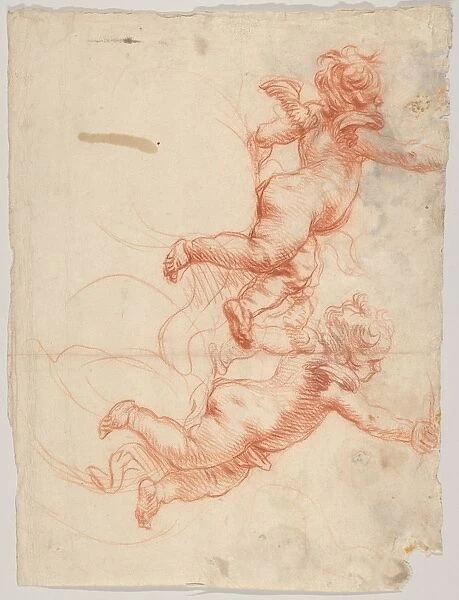 Two Studies Flying Putto mid-17th century Red chalk
