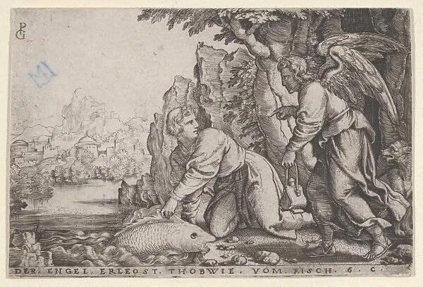 Tobiolus Catches Fish Story Tobias 1543 Engraving