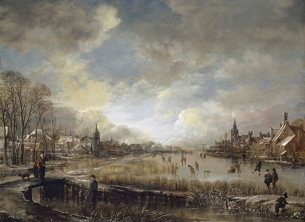 Two towns frozen river golfers ice skaters 1660  /  65