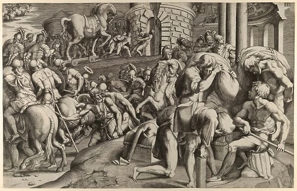 Trojans hauling Wooden Horse Troy 1545 Engraving