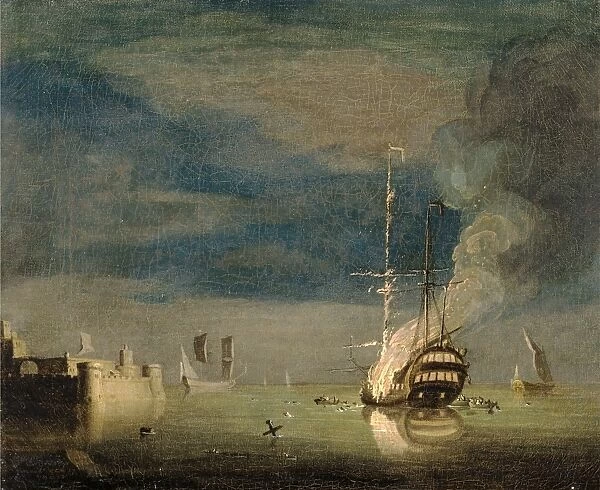 A Two-Decker on Fire at Night off a Fort Inscribed, lower left: Aged 17 Years'
