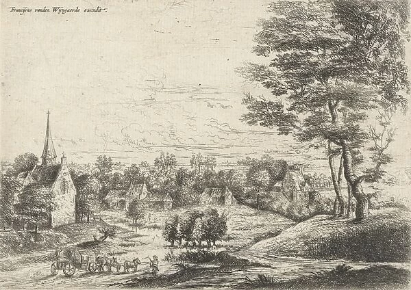 View of a village with a covered wagon, Lucas van Uden, 1605 - 1673