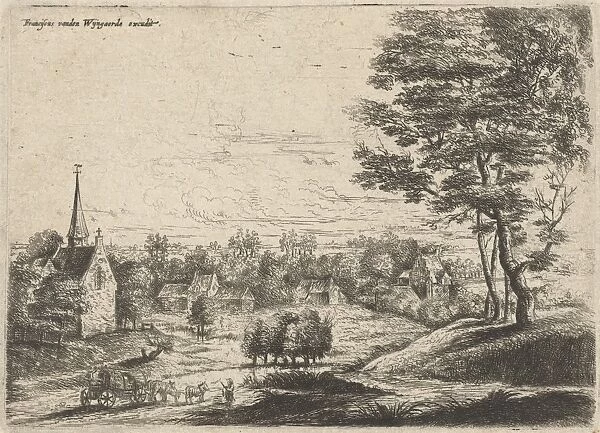 View of a village and a covered wagon, print maker: Lucas van Uden, Frans van den