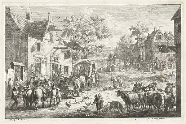 Village with travelers and cattle traders at inn, A. F. Bargas, 1660-1699