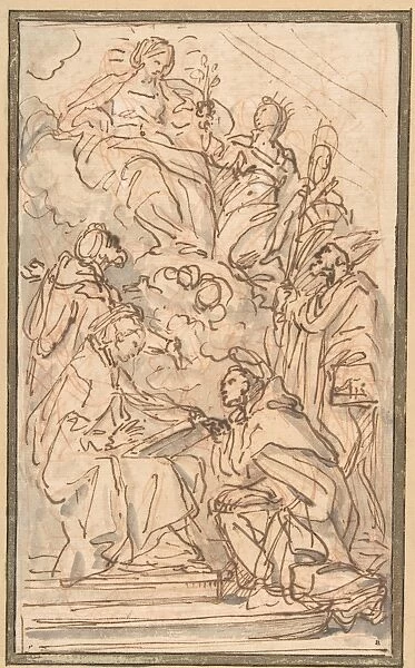 Virgin Female Attendant Appearing Four Male Saints