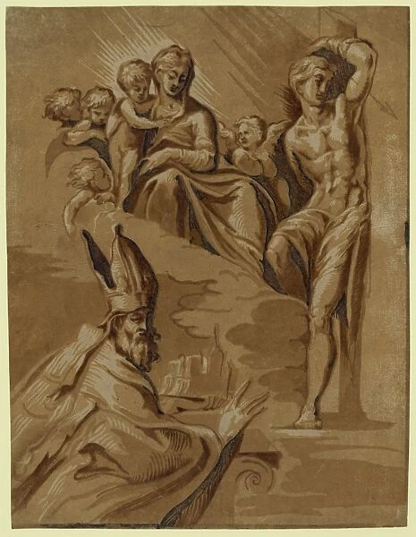 The Virgin, St. Sebastian and a holy bishop, Carpi, Ugo da, 1480 approximately 1532