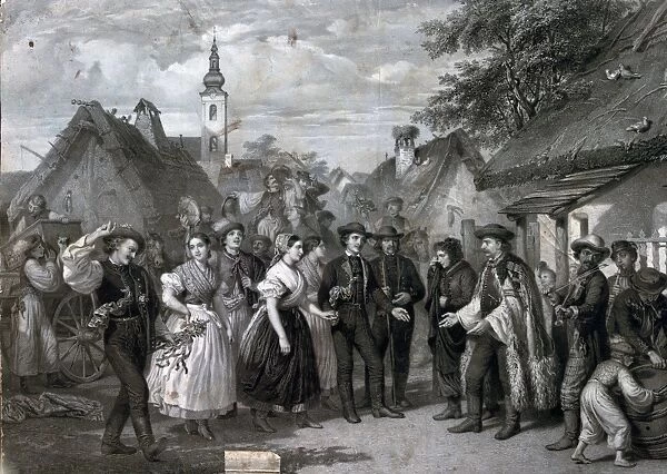 A wedding in the village, 19th century, men, women, male, female, dancing, drinking