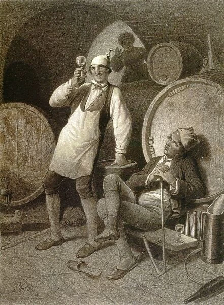Wine cellar, drinking a glass of wine, two men, wine barrels, winery, storage, alcohol