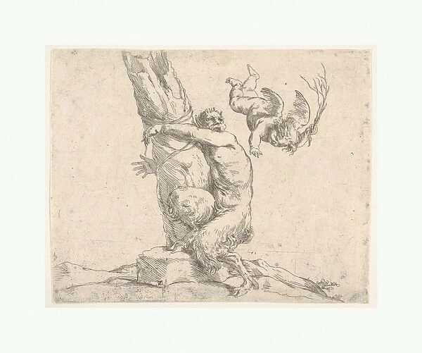 winged putto flogging satyr tied tree ca 1625-50