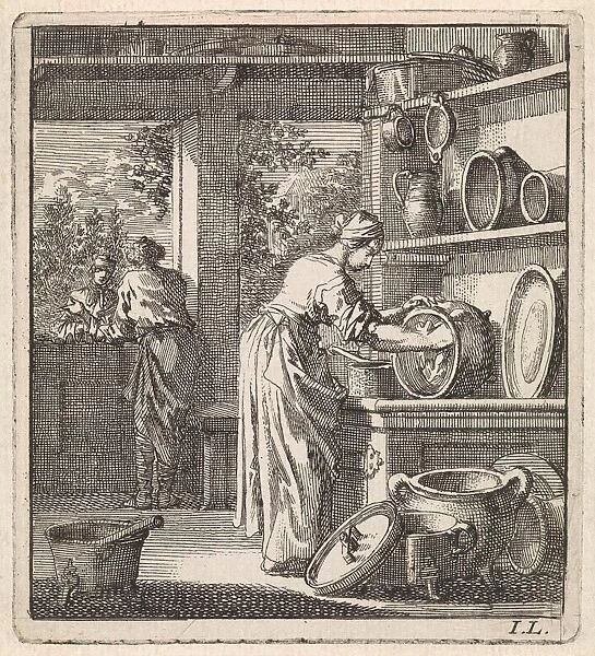 Woman cleans a pot, Jan Luyken, wed. Pieter Arentsz & Cornelis van der Sys (II), 1711