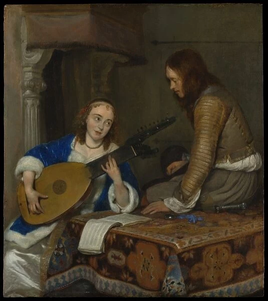 Woman Playing Theorbo-Lute Cavalier ca 1658 Oil