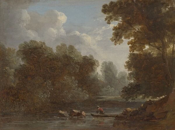Wooded River Landscape Fisherman Boat 1826 Oil