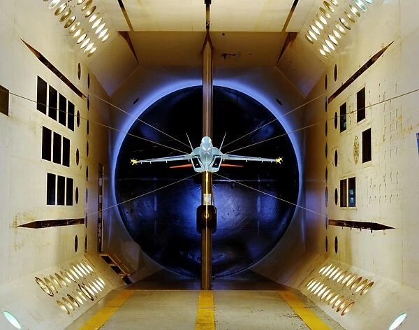 An A  /  A-18 E  /  F model tested in a wind tunnel