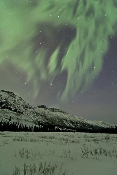 Aurora borealis over mountain, Annie Lake, Yukon, Canada