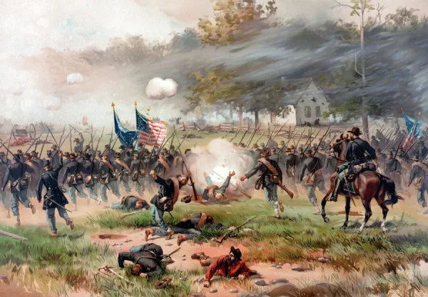 Civil War painting of Union and Confederate troops fighting at The Battle of Antietam