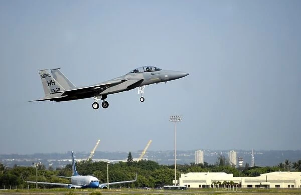 An F-15A Eagle returns to Hickam Air Force Base