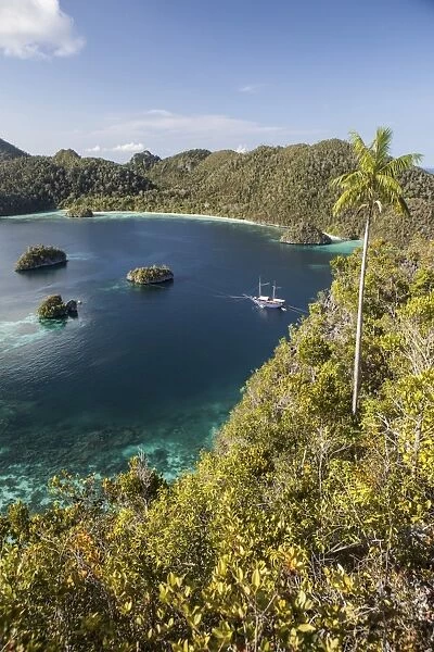 Forest-covered limestone islands surround a lagoon in Raja Ampat