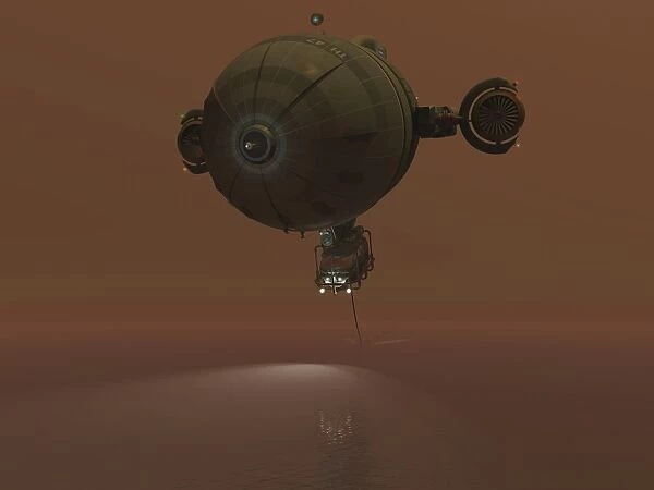Illustration of a blimp towing a sensor through liquid ethane on Titan