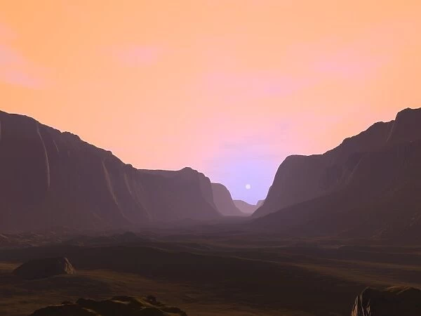 Illustration of a martian sunrise from within a deep canyon