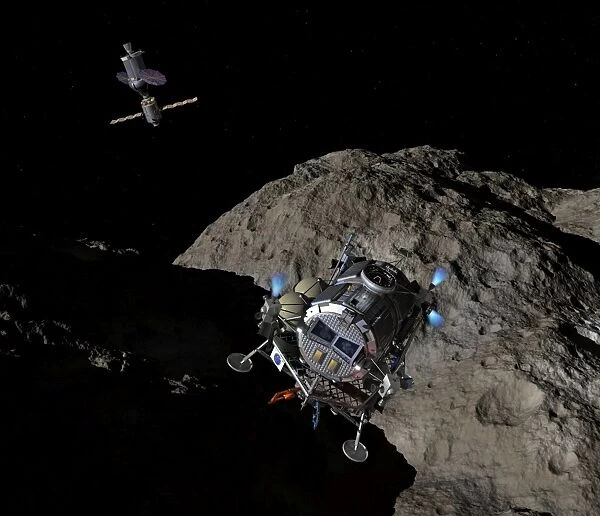 A manned Asteroid Lander descends toward the surface of an ancient asteroid