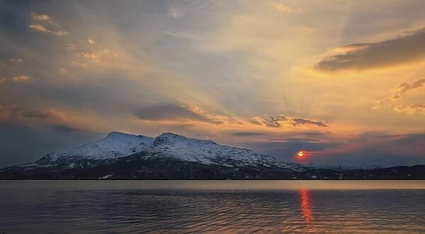 Midnight Sun over Tjeldsundet strait in Troms County, Norway