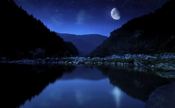 Moon rising over tranquil lake and forest against starry sky, Bulgaria